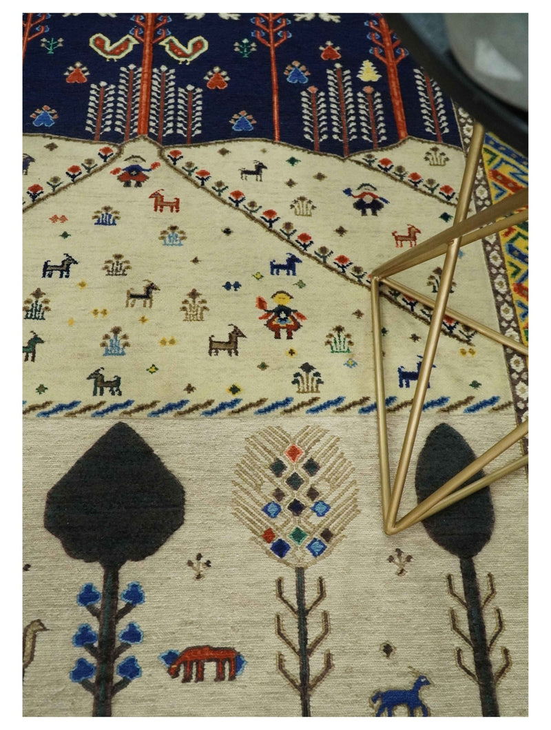 Moral Art Beige and Blue Hand Spun Wool Hand Woven Southwestern Gabbeh Rug | KNT44 - The Rug Decor