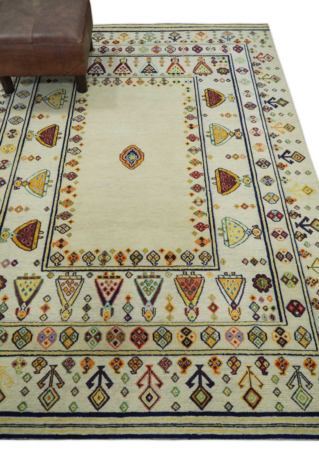 Moral Art Ivory and Beige Hand Spun Wool Hand Woven Southwestern Gabbeh Rug | KNT43 - The Rug Decor