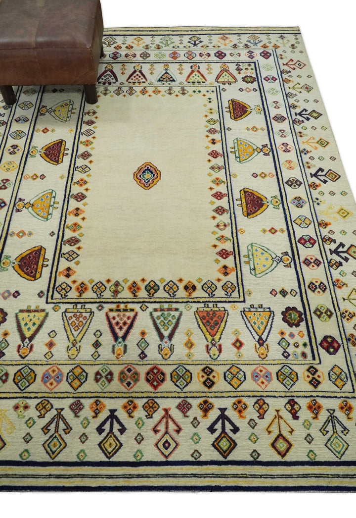 Moral Art Ivory and Beige Hand Spun Wool Hand Woven Southwestern Gabbeh Rug | KNT43 - The Rug Decor
