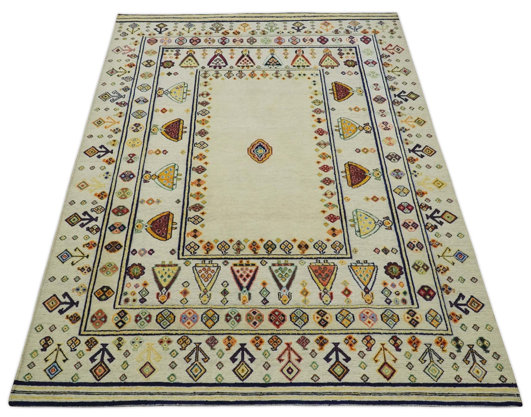 Moral Art Ivory and Beige Hand Spun Wool Hand Woven Southwestern Gabbeh Rug | KNT43 - The Rug Decor