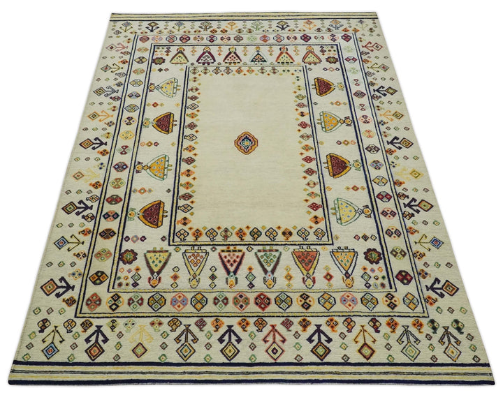 Moral Art Ivory and Beige Hand Spun Wool Hand Woven Southwestern Gabbeh Rug | KNT43 - The Rug Decor