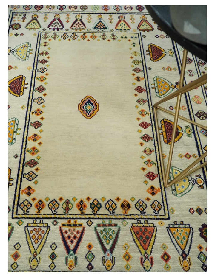 Moral Art Ivory and Beige Hand Spun Wool Hand Woven Southwestern Gabbeh Rug | KNT43 - The Rug Decor