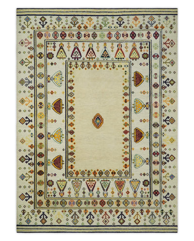 Moral Art Ivory and Beige Hand Spun Wool Hand Woven Southwestern Gabbeh Rug | KNT43 - The Rug Decor