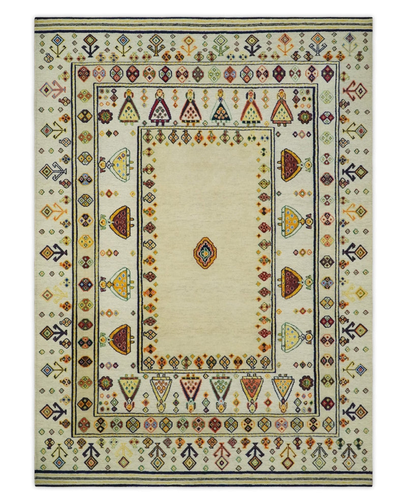 Moral Art Ivory and Beige Hand Spun Wool Hand Woven Southwestern Gabbeh Rug | KNT43 - The Rug Decor
