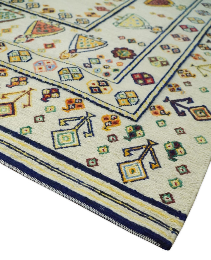 Moral Art Ivory and Beige Hand Spun Wool Hand Woven Southwestern Gabbeh Rug | KNT43 - The Rug Decor
