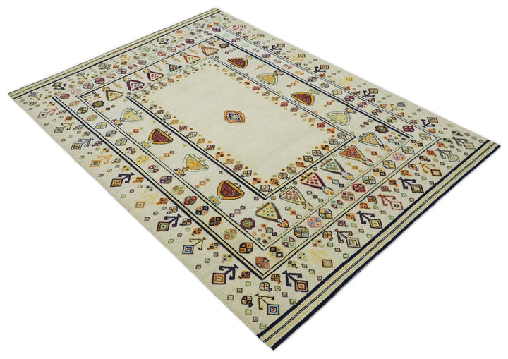 Moral Art Ivory and Beige Hand Spun Wool Hand Woven Southwestern Gabbeh Rug | KNT43 - The Rug Decor