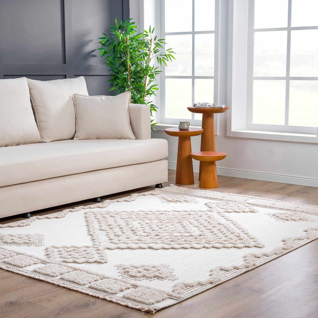 Moroccan Bohemian Chic Style Ivory and Beige High & Low Pile Area Rug - The Rug Decor