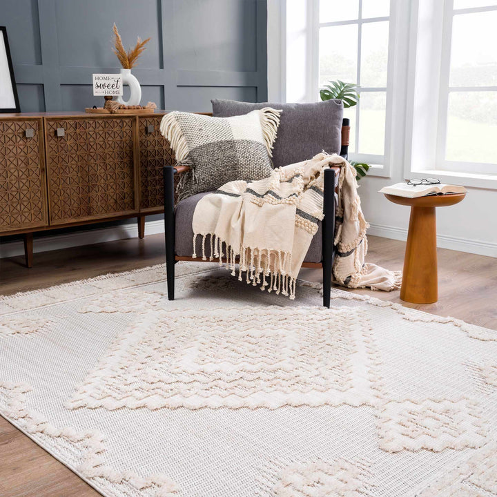 Moroccan Bohemian Chic Style Ivory and Beige High & Low Pile Area Rug - The Rug Decor
