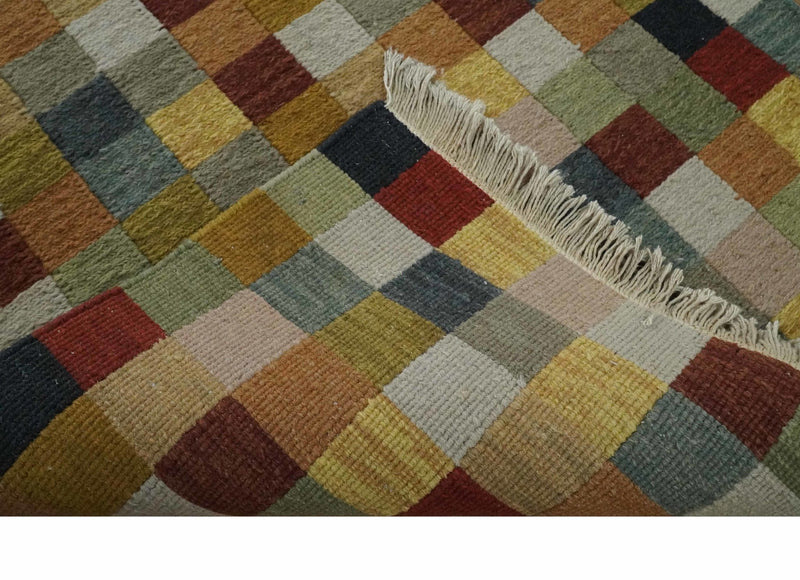 Multi Color 3x5 Square Geometrical Pattern Hand Woven Soumak Dhurrie Wool Area Rug - The Rug Decor