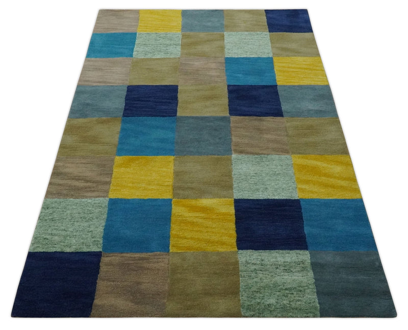 Multi Color 5x8 Square Geometrical Pattern Hand Tufted Wool Area Rug - The Rug Decor