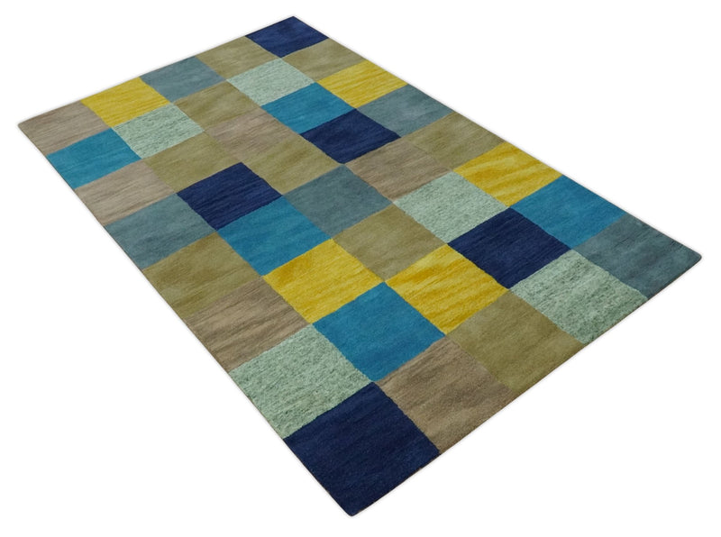 Multi Color 5x8 Square Geometrical Pattern Hand Tufted Wool Area Rug - The Rug Decor