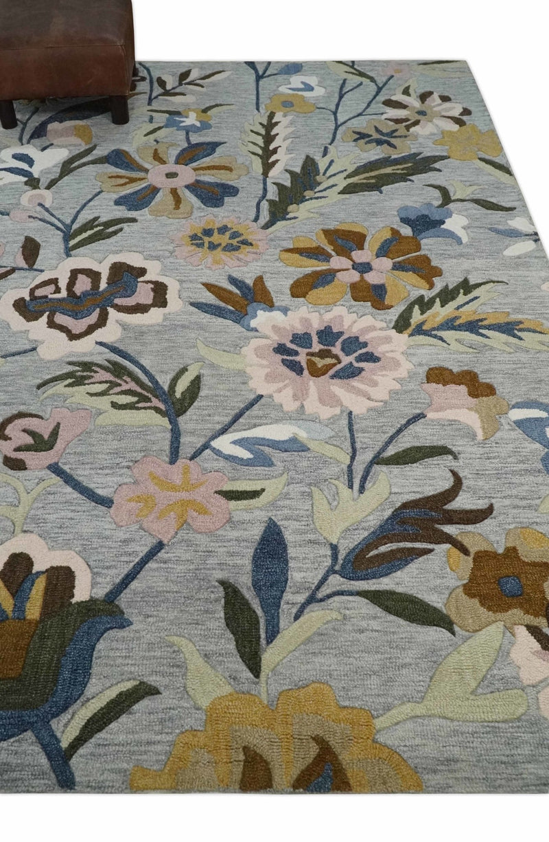 Multi Size Hand Hooked Gray Floral design Garden Style Wool Area Rug - The Rug Decor