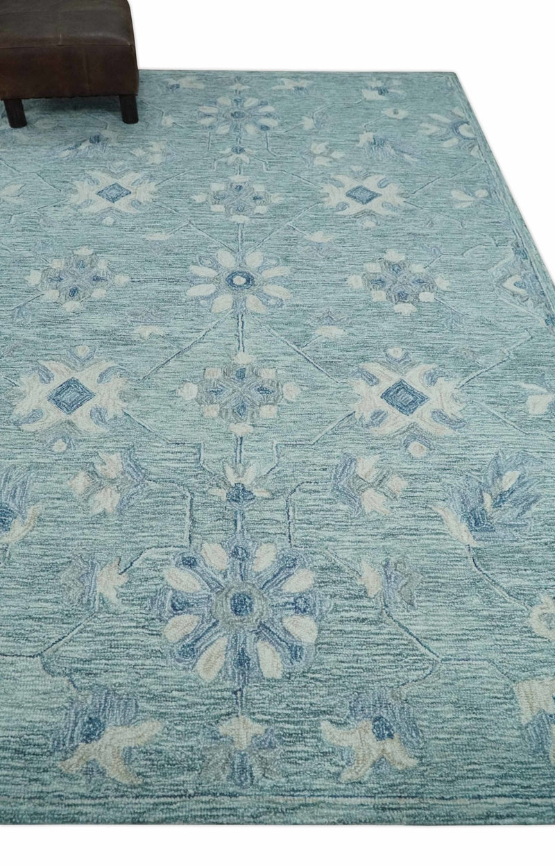 Multi Size Hand Tufted Aqua, Ivory and Blue Traditional Floral Rug - The Rug Decor
