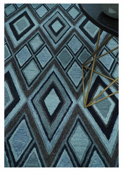 Multi Size Hand Tufted Blue, Gray and Black Geometrical Pattern wool Rug - The Rug Decor