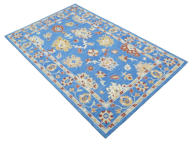 Multi Size Hand Tufted Blue, Ivory, Beige and Rust Vibrant Colorful Oushak Rug - The Rug Decor