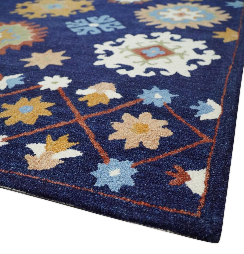 Multi Size Hand Tufted Dark Blue, Gold, Ivory and Peach Traditional colorful Wool Rug - The Rug Decor