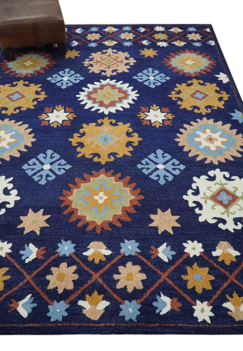 Multi Size Hand Tufted Dark Blue, Gold, Ivory and Peach Traditional colorful Wool Rug - The Rug Decor