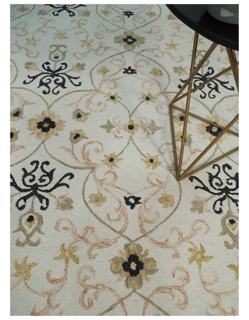 Multi Size Hand Tufted Ivory, Beige, Peach and Black Traditional Pattern wool Rug - The Rug Decor
