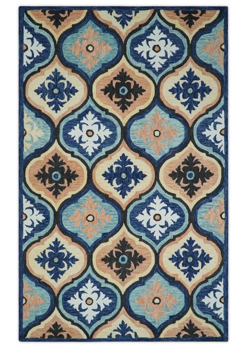 Multi Size Hand Tufted Ivory, Blue, Aqua and Peach Traditional Ikat Pattern wool Area Rug, Kids, Living Room and Bedroom Rug - The Rug Decor