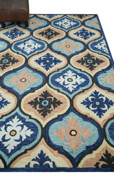 Multi Size Hand Tufted Ivory, Blue, Aqua and Peach Traditional Ikat Pattern wool Area Rug, Kids, Living Room and Bedroom Rug - The Rug Decor