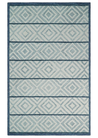 Multi Size Hand Tufted Ivory, Gray and Blue Geometrical Shape Style Rug - The Rug Decor