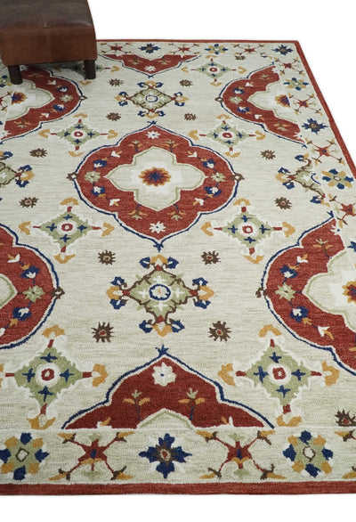 Multi Size Hand Tufted Ivory, Rust and Olive Heriz Traditional wool Area Rug - The Rug Decor