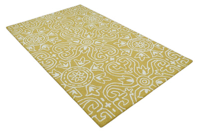 Multi Size Ivory and Yellow Hand Tufted medallion Pattern Farmhouse Wool Area Rug - The Rug Decor