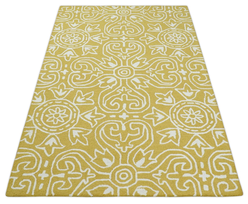 Multi Size Ivory and Yellow Hand Tufted medallion Pattern Farmhouse Wool Area Rug - The Rug Decor