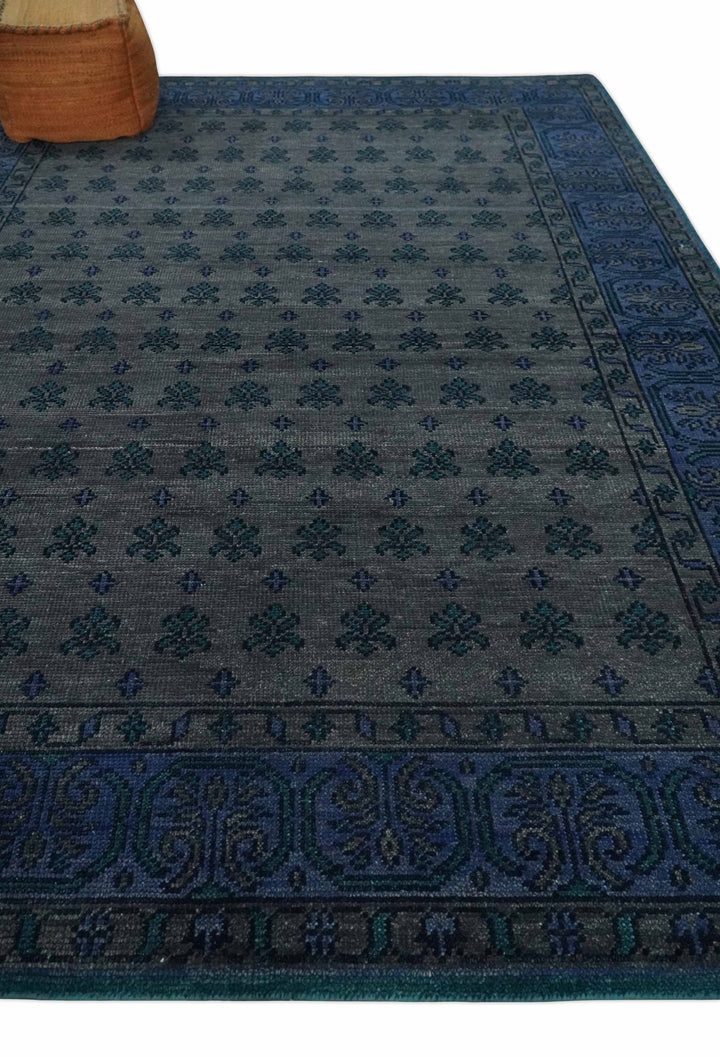 Multi-size Low Pile Gray and Blue Hand Knotted Antique Style Traditional Wool Rug | TRD962 - The Rug Decor