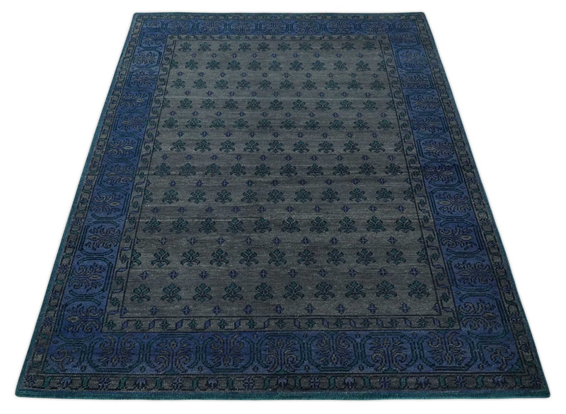 Multi-size Low Pile Gray and Blue Hand Knotted Antique Style Traditional Wool Rug | TRD962 - The Rug Decor
