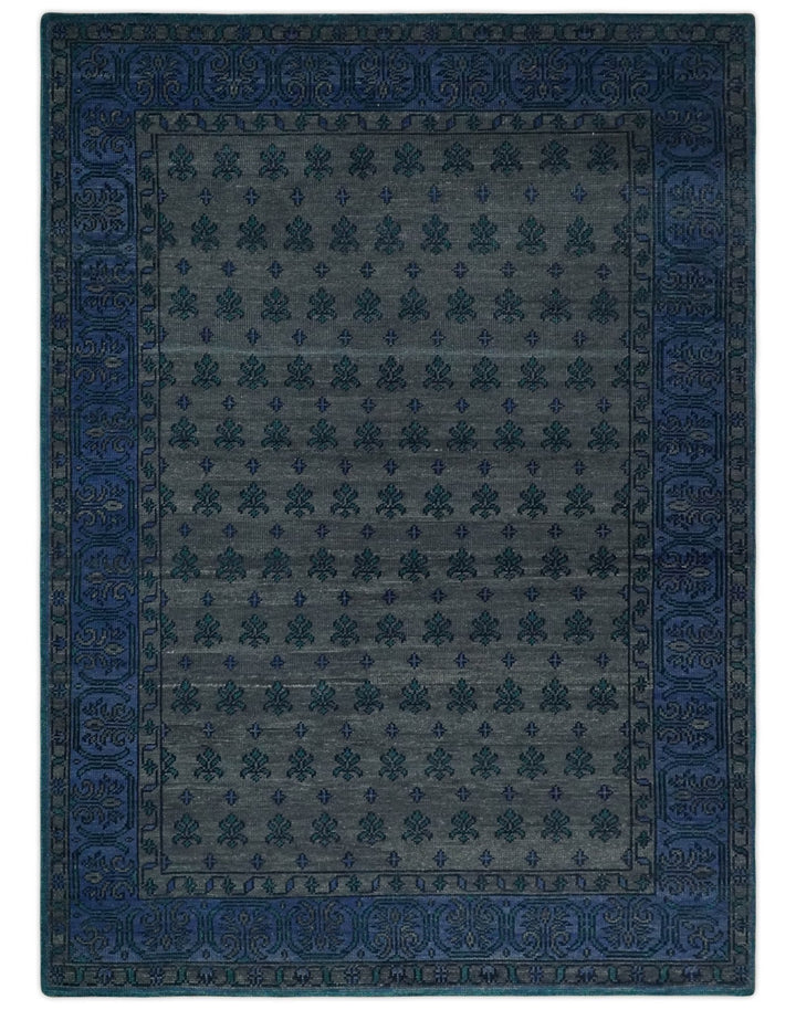 Multi-size Low Pile Gray and Blue Hand Knotted Antique Style Traditional Wool Rug | TRD962 - The Rug Decor