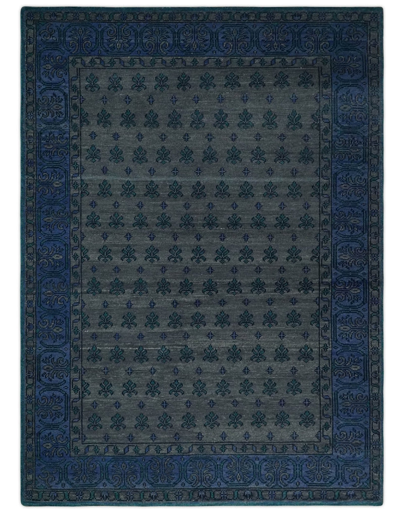 Multi-size Low Pile Gray and Blue Hand Knotted Antique Style Traditional Wool Rug | TRD962 - The Rug Decor