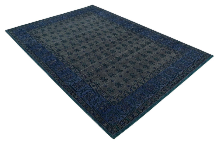 Multi-size Low Pile Gray and Blue Hand Knotted Antique Style Traditional Wool Rug | TRD962 - The Rug Decor