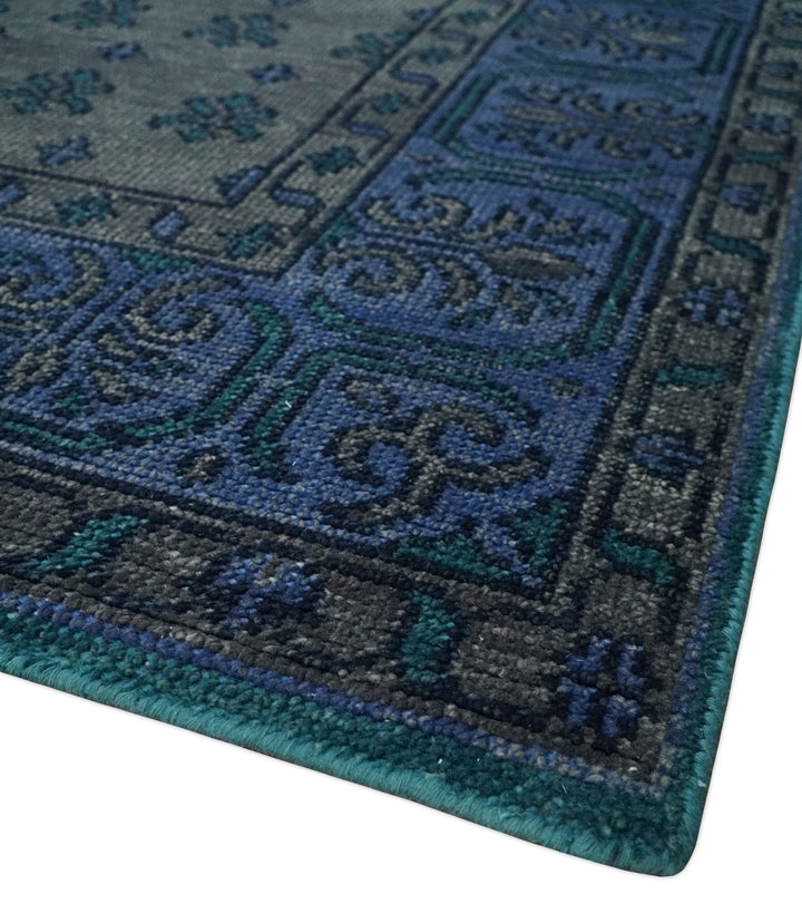 Multi-size Low Pile Gray and Blue Hand Knotted Antique Style Traditional Wool Rug | TRD962 - The Rug Decor
