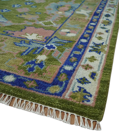 Multi size Moss Green, Blue and Peach Hand Knotted Vibrant colorful Donegal Wool Rug | TRDCP1489 - The Rug Decor