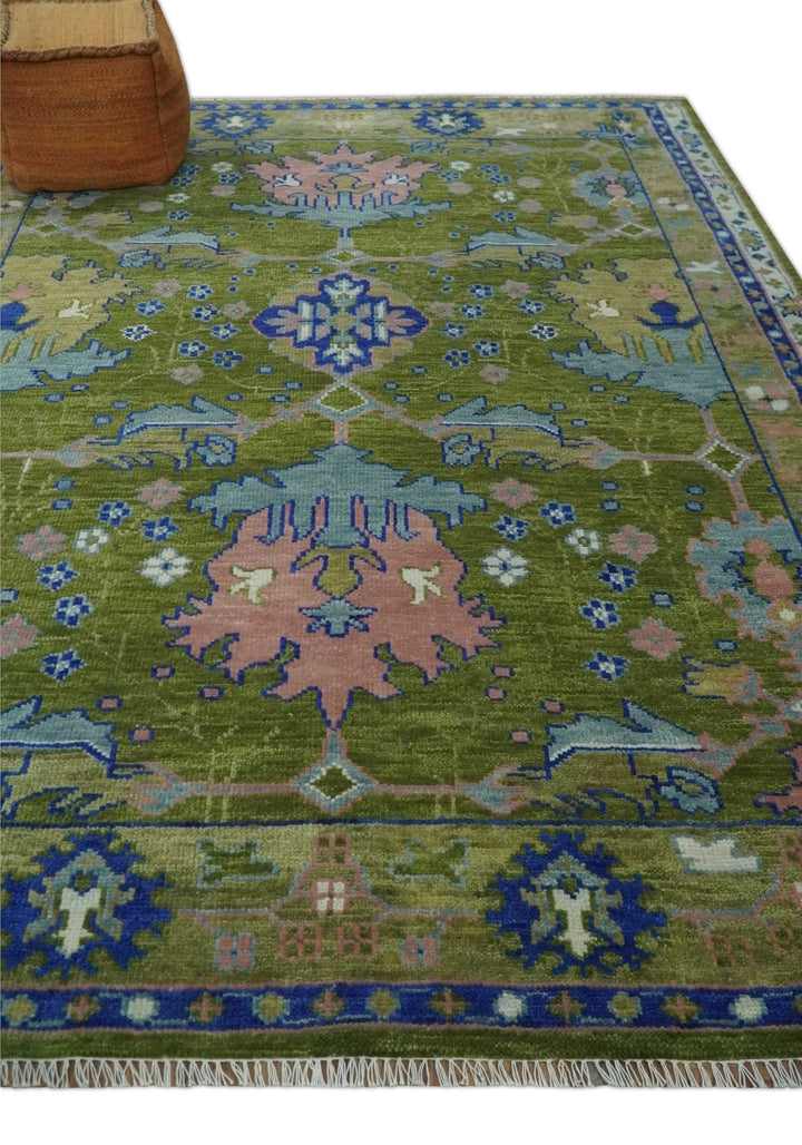 Multi size Moss Green, Blue and Peach Hand Knotted Vibrant colorful Donegal Wool Rug | TRDCP1489 - The Rug Decor