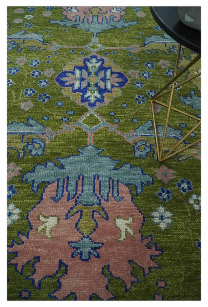 Multi size Moss Green, Blue and Peach Hand Knotted Vibrant colorful Donegal Wool Rug | TRDCP1489 - The Rug Decor