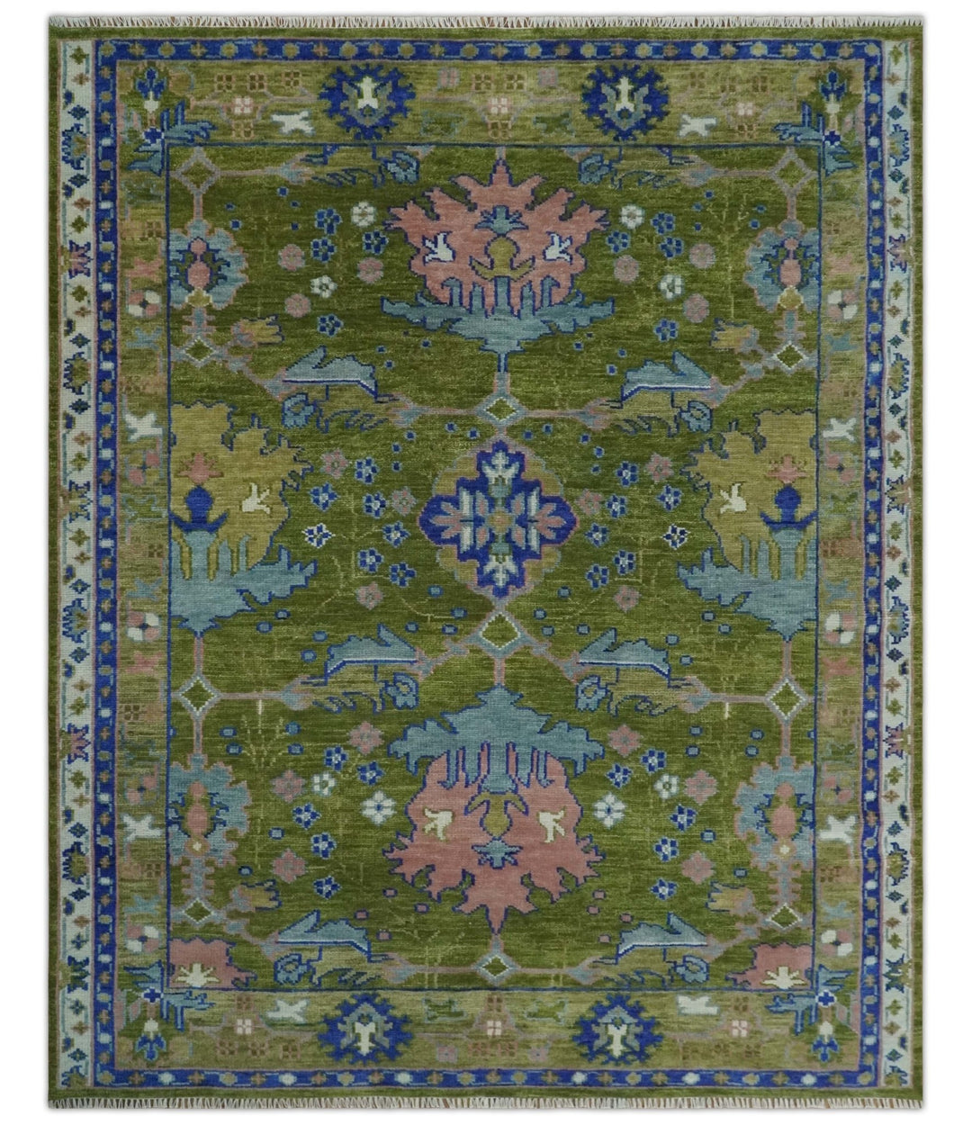 Green Rug Multi Shade Multi size Moss Green, Blue and Peach Hand Knotted Vibrant colorful Do ...