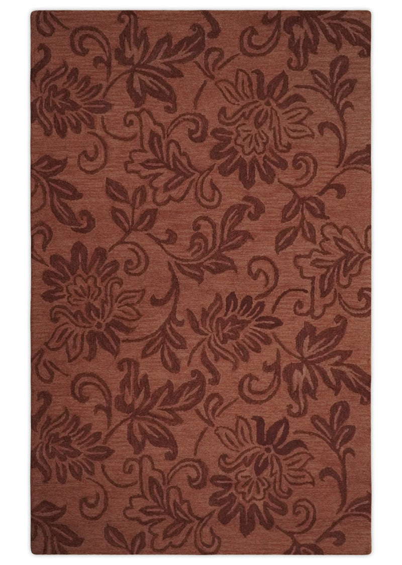 Multi Size Rust Hand Tufted Floral Pattern Farmhouse Wool Area Rug - The Rug Decor