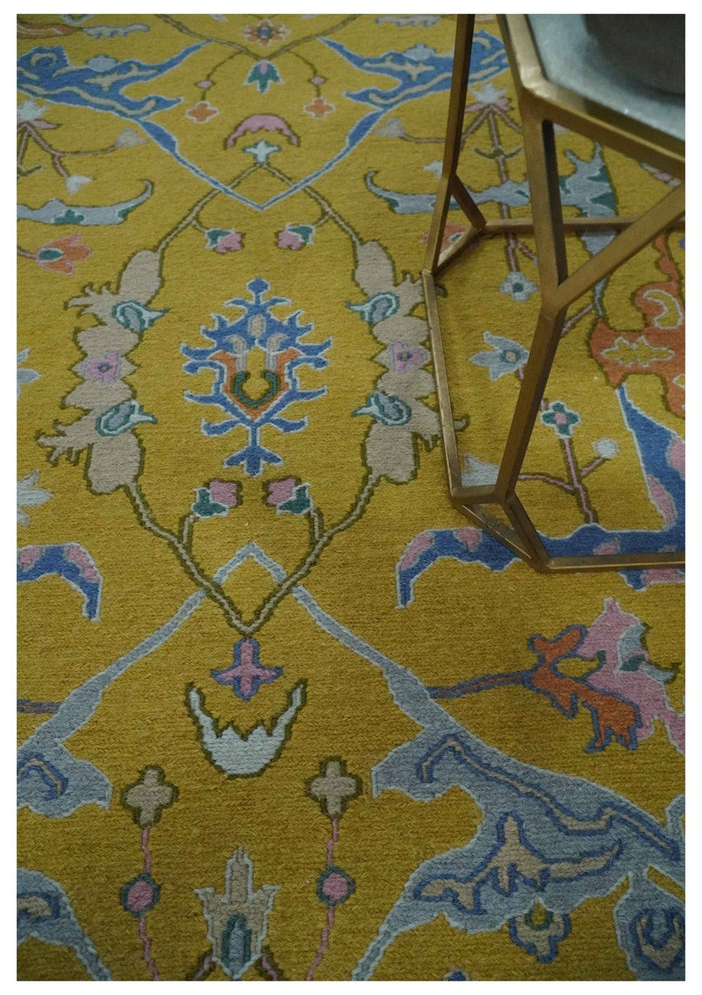Mustard and Blue Hand-Knotted Sumac Weave oriental Oushak 5.5x7.8 wool Area Rug - The Rug Decor