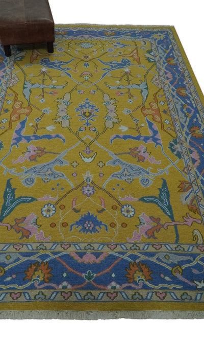 Mustard and Blue Hand-Knotted Sumac Weave oriental Oushak 5.5x7.8 wool Area Rug - The Rug Decor