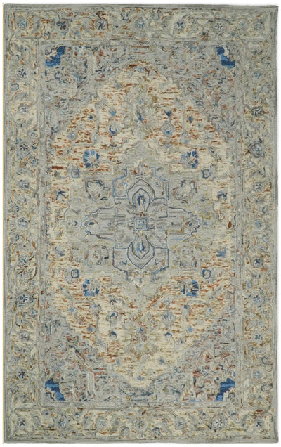 Muted 5x8 Hand Hooked Blue and Gray Wool Textured Loop Area Rug | GAR8 - The Rug Decor
