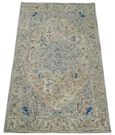 Muted 5x8 Hand Hooked Blue and Gray Wool Textured Loop Area Rug | GAR8 - The Rug Decor