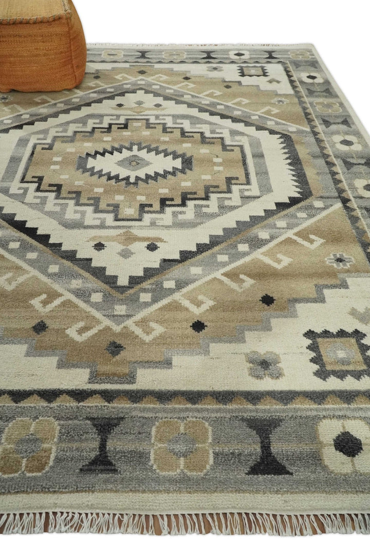 Natural Wool Hand Knotted Ivory, Beige and Charcoal Traditional Area Rug, Kids, Living Room and Bedroom Rug | MEHK2 - The Rug Decor