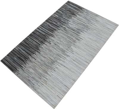New Hairon 5x8 and 8x10 Leather Stripe Design Handmade Gray and Silver Area Rug, Hand Stitched Genuine Leather Rug | LR5 - The Rug Decor