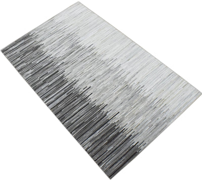 New Hairon 5x8 and 8x10 Leather Stripe Design Handmade Gray and Silver Area Rug, Hand Stitched Genuine Leather Rug | LR5 - The Rug Decor