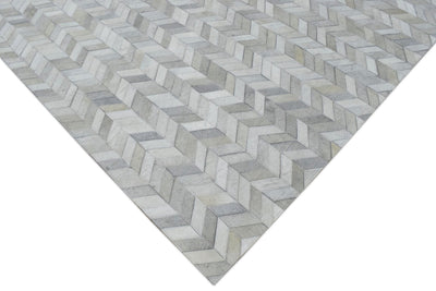 New Hairon 5x8 Leather Chevron Design Handmade Ivory and Silver Area Rug, Hand Stitched Genuine Leather Rug | LR12 - The Rug Decor