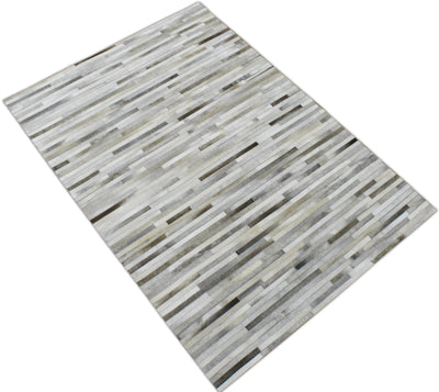 New Hairon 5x8 Leather Stripe Design Handmade Beige and Ivory Area Rug, Hand Stitched Genuine Leather Rug | LR6 - The Rug Decor