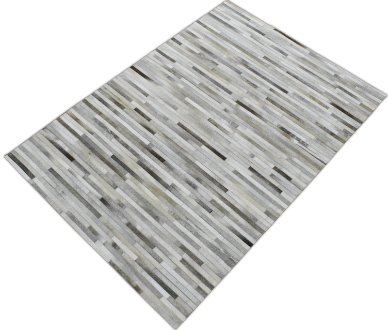 New Hairon 5x8 Leather Stripe Design Handmade Beige and Ivory Area Rug, Hand Stitched Genuine Leather Rug | LR6 - The Rug Decor