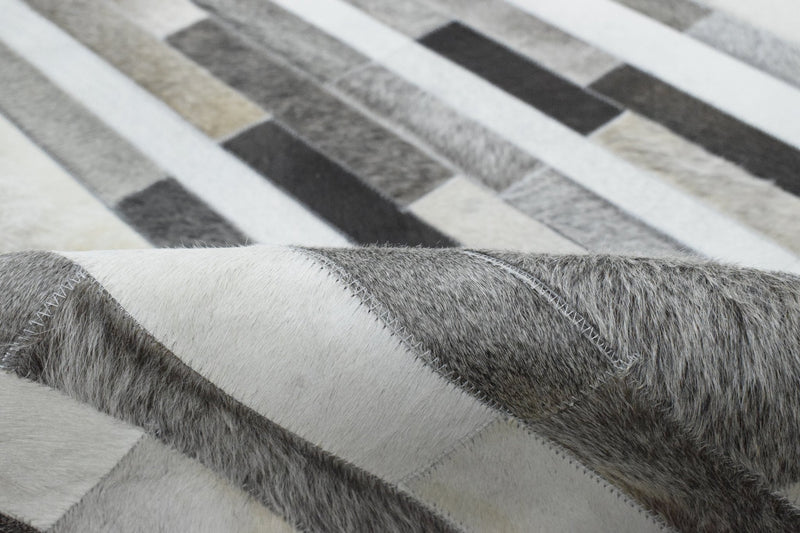 New Hairon 5x8 Leather Stripe Design Handmade Gray and Silver Area Rug, Hand Stitched Genuine Leather Rug | LR7 - The Rug Decor